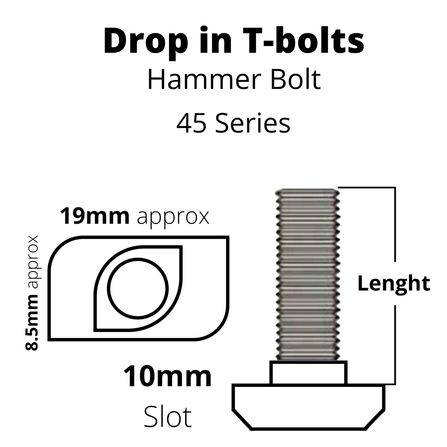 T-Bolt M8 Drop-In/Hammer 45 Series for 10mm Slot 20-40mm