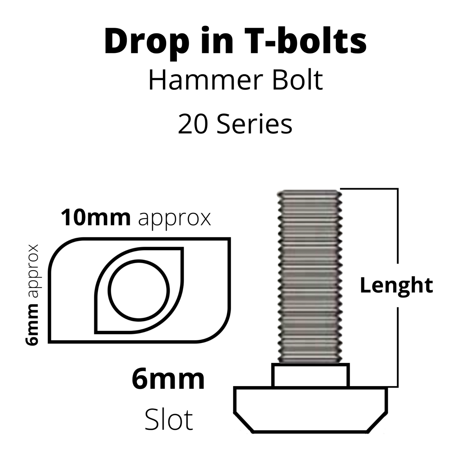 T-Bolt M5 Drop-In/Hammer 20 Series for 6mm Slot 10mm-25mm