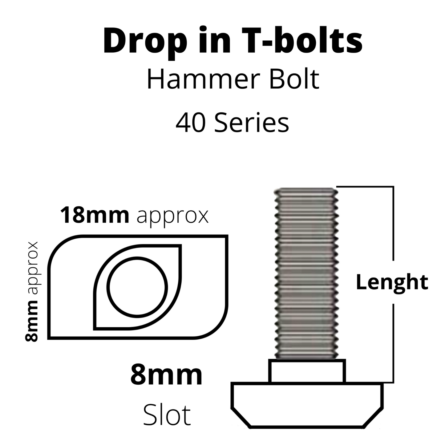 T-Bolt M8 Drop-In/Hammer 40 Series for 8mm Slot 16-40mm