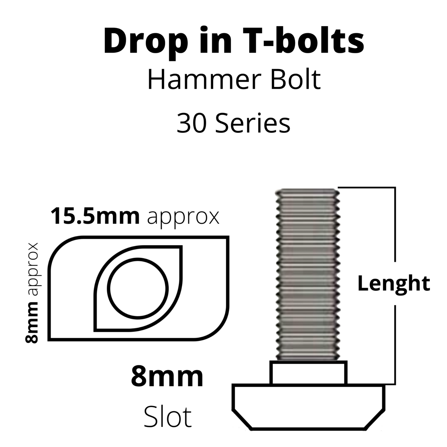 T-Bolt M6 Drop-In/Hammer 30 Series for 8mm Slot 12mm-30mm